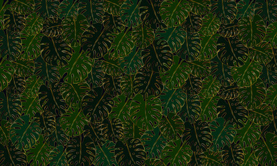 Floral vector background of stylized monstera leaves with gold outline. Luxury natural background © Mariia