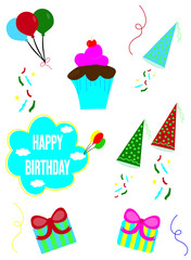 Happy Birthday background, vector illustration. Party balloons, gifts and confetti. Birthday party.