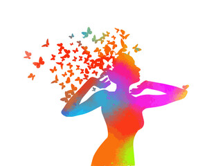 Vector colorful silhouette of a girl surrounded by butterflies on a white background.