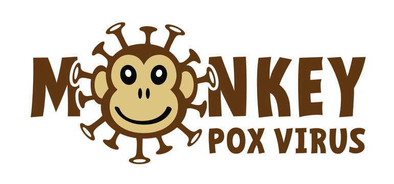 Cartoon monkey virus or monkeypox. Stop the virus belongs to the genus Orthopoxvirus in the family Poxviridae. infectious disease. Ape face with yellow banana. Vector monkey pox symbol or icon.