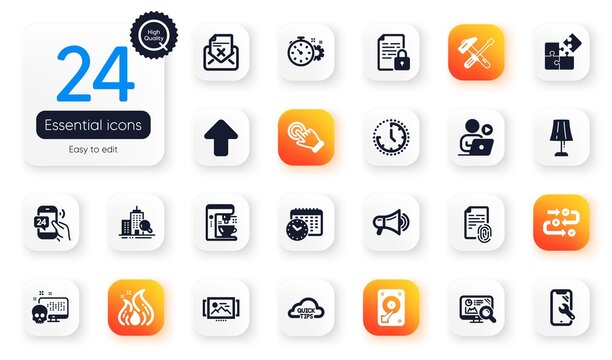 Set of Technology flat icons. Time, Fingerprint and Cyber attack elements for web application. Touchscreen gesture, 24h service, Hdd icons. Coffee maker, Cogwheel timer. Vector