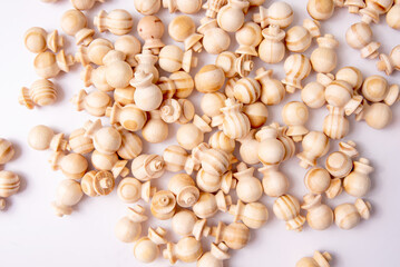 Wooden drawer knobs pictured on white background, Top view.