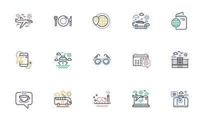Travel line icons. Passport, Luggage and Check in airport. Sunglasses linear icon set. Bicolor outline web elements. Vector