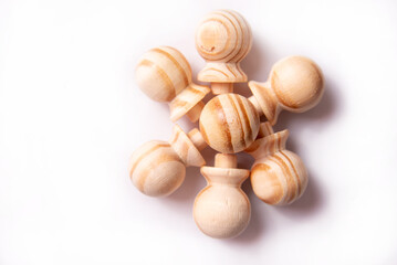 Wooden drawer knobs pictured on white background, Top view.