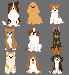 Set of flat colored cute and simple dogs sitting in front view
