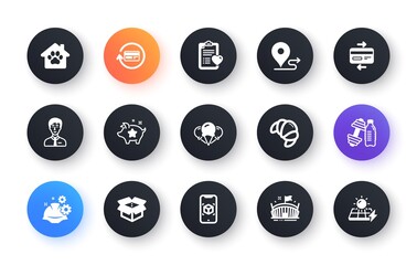 Minimal set of Credit card, Arena and Journey flat icons for web development. Ice creams, Open box, Businessman person icons. Augmented reality, Loyalty points, Dumbbell web elements. Vector