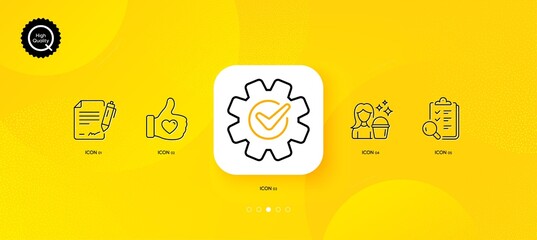 Fototapeta na wymiar Cogwheel, Cleaning and Inspect minimal line icons. Yellow abstract background. Signing document, Like hand icons. For web, application, printing. Engineering tool, Maid service, Research list. Vector