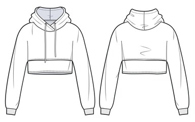 Girl's cropped Hoodie design fashion flat sketch template. Unisex oversize crop Hoodie sweat with long sleeves techical drawing template. Sweatshirt fashion cad. © Liubov Hladka