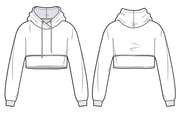 Vecteur Stock Girl's cropped Hoodie design fashion flat sketch template.  Unisex oversize crop Hoodie sweat with long sleeves techical drawing  template. Sweatshirt fashion cad. | Adobe Stock