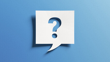 Question mark symbol for FAQ, information, problem and solution concepts. Quiz, test, survey, interrogation, support, knowledge, decision. Minimalist design with icon cutout paper and blue background. - obrazy, fototapety, plakaty