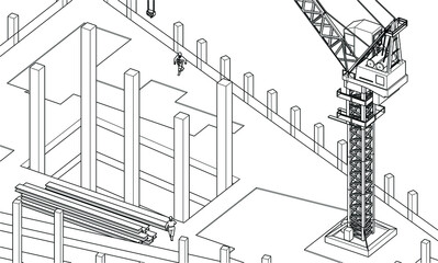 under construction site engineering tower crane 3D illustration line sketch architecture