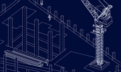 under construction site engineering tower crane 3D illustration line sketch architecture blueprint