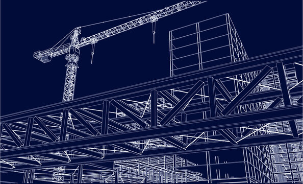 Under Construction Site Engineering With Tower Crane Architecture 3D Illustration Line Sketch Blueprint