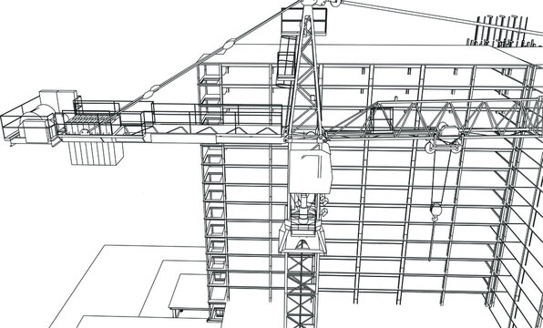 000 under construction site with tower crane line sketch 3D illustration