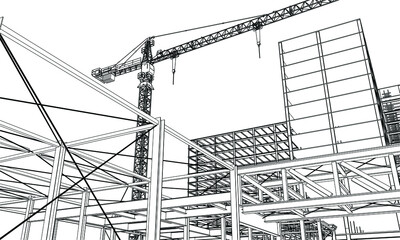 urban under construction site engineering with tower crane 3D illustration line sketch