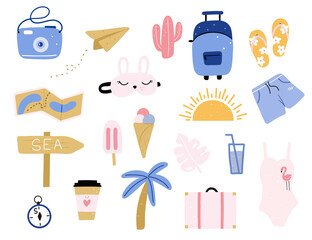 Summer travel set of things camera, paper plane, cactus, sandals, map, sun, shorts, pointer, ice cream, coffee to go, palm tree, suitcase