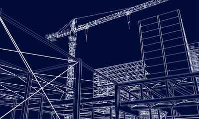 urban under construction site engineering with tower crane 3D illustration line sketch blueprint