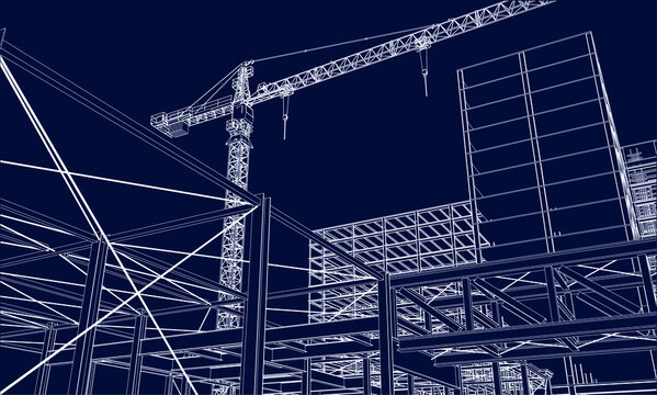 urban under construction site engineering with tower crane 3D illustration line sketch blueprint