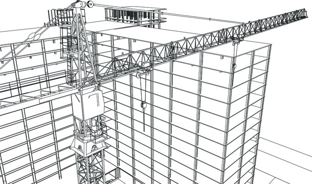 urban under construction building with tower crane, architecture 3D illustration line sketch