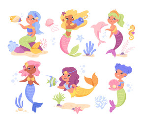 Obraz na płótnie Canvas Set of cute mermaid princess. Beautiful magical characters with colorful hair and fish tails. Underwater inhabitants. Design for children. Cartoon flat vector collection isolated on white background