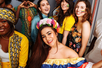 Happy multi ethnic, multicultural young students have a party looking at camera, smiling, posing together at meeting, tolerance and racial equality concept