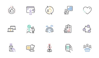 Chef, Discount and Report line icons for website, printing. Collection of Like hand, Wallet, Buyers icons. Outsource work, Lgbt, Heart web elements. Refresh like, Budget accounting. Vector