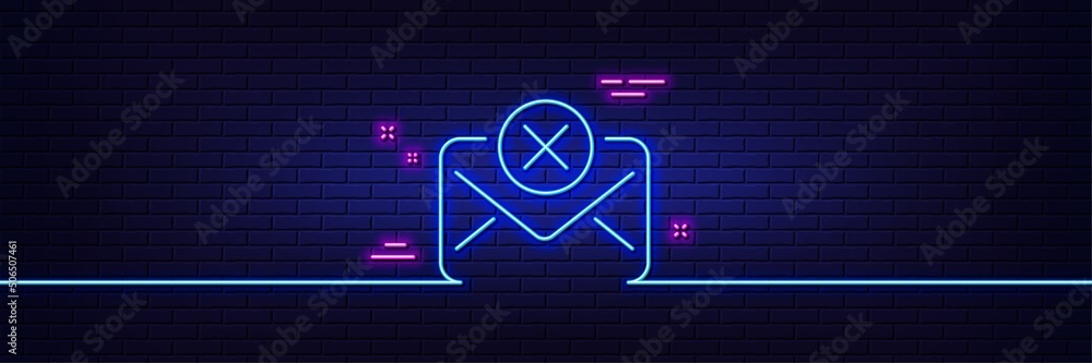Poster neon light glow effect. reject mail line icon. delete message sign. decline web letter. 3d line neon