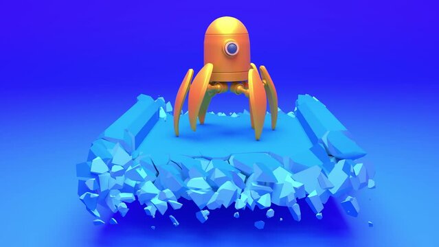 3d animation of the endless movement of a one-eyed robot on a blue background on a collapsing road.