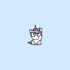 Cute unicorn with big glasses cartoon, vector illustration