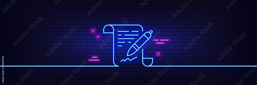 Poster neon light glow effect. agreement document line icon. contract file signature sign. office note symb