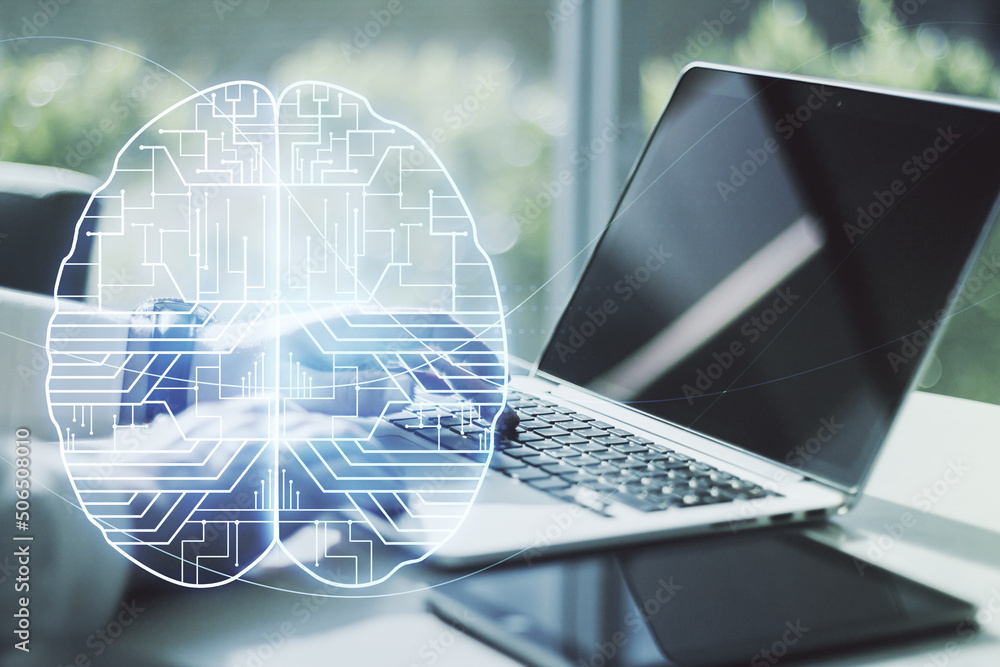 Poster double exposure of creative human brain microcircuit with hand typing on computer keyboard on backgr