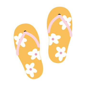 Summer vector illustration cute flip flops with flowers ornament, beach sandals in cartoon style