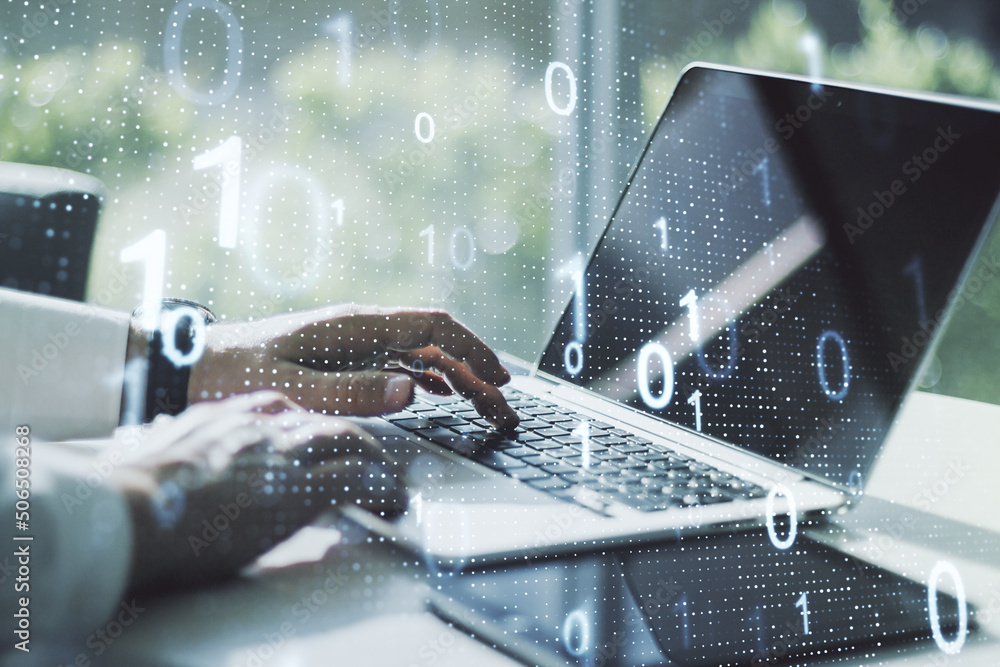 Aufkleber double exposure of creative abstract binary code hologram and hands typing on laptop on background. 