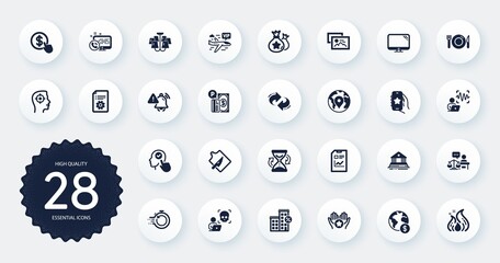 Set of Business icons, such as Fire energy, Food and Loyalty points flat icons. Cyber attack, Favorite app, Parking payment web elements. Web call, Court judge, Court building signs. Vector