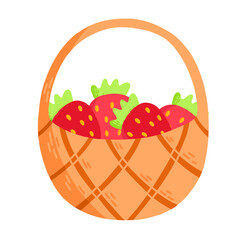 Basket with strawberry. Vector cartoon illustration.