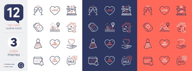 Set of Be sweet, Roller coaster and Notification line icons. Include Airplane travel, Love, My love icons. Discounts bubble, Sleep, Dress web elements. Hold heart, Champagne glasses. Vector