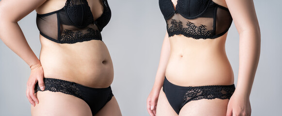 Woman's body before and after weight loss on gray background