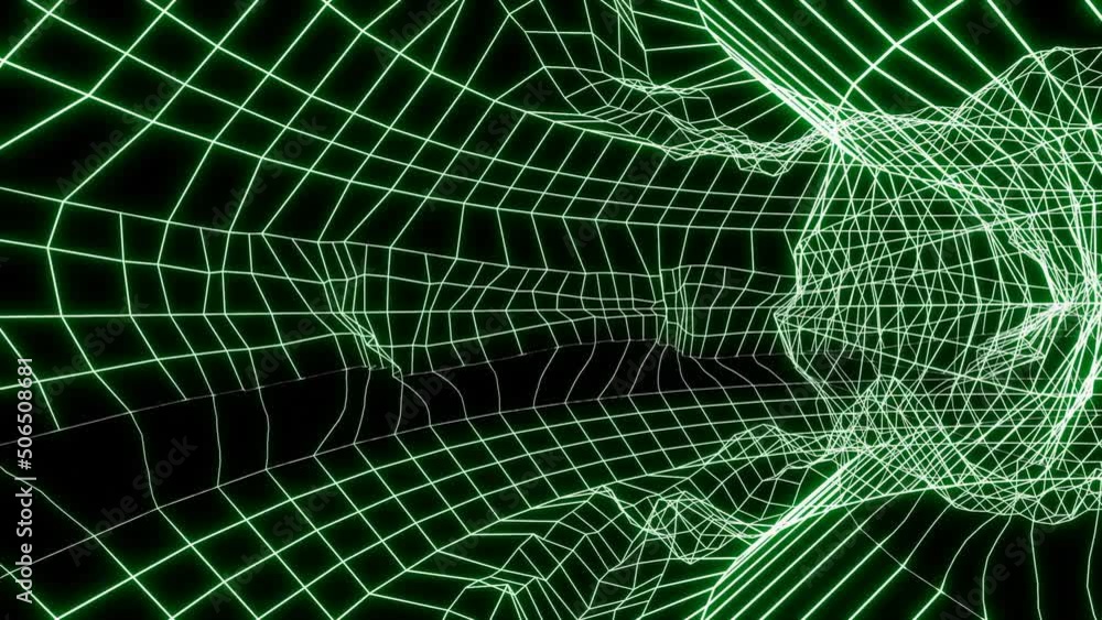 Poster moving tunnel with matrix grid. design. movement in mesh tunnel with matrix distortions. matrix-styl