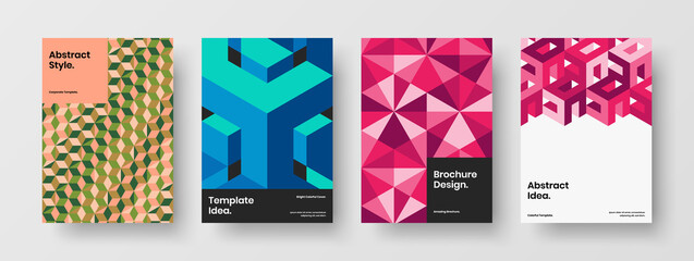 Fototapeta premium Minimalistic company brochure A4 design vector layout collection. Clean geometric shapes pamphlet template bundle.