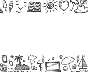 Hand drawn black holiday elements on white. Summer holidays. Freehand web banner. Elements are drawn in a linear style. Black and white illustration