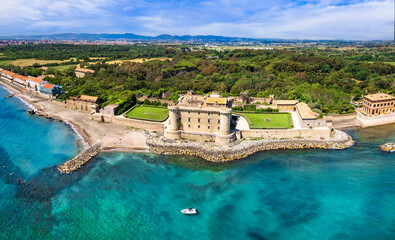 Stunning aerial scenic view of castle on the beach a Ladispoli - Castello Palo Odescalchi. Lazio...