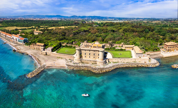 Stunning aerial scenic view of castle on the beach a Ladispoli - Castello Palo Odescalchi. Lazio region, Italy