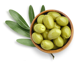 Delicious green olives in a wooden bowl, isolated on white background