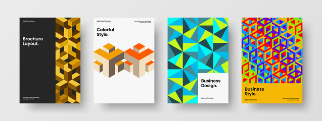 Fototapeta premium Modern geometric hexagons flyer illustration set. Creative catalog cover A4 vector design template collection.