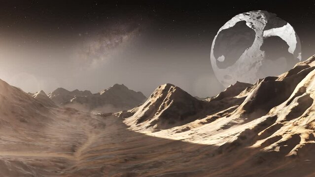 Alien planet surface with giant dead planet in the sky 

3D rendering, cinematic view of Alien planet

