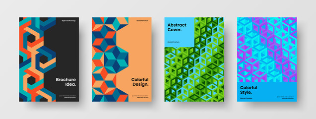 Multicolored booklet vector design template set. Minimalistic geometric hexagons flyer illustration collection.