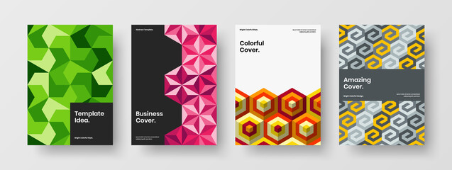Colorful geometric tiles pamphlet template set. Abstract postcard vector design illustration bundle.
