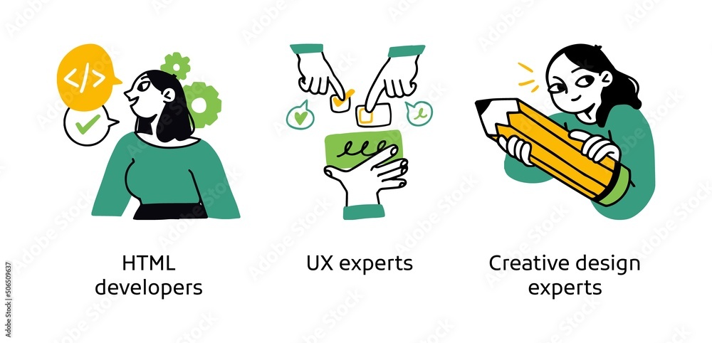 Poster web application development experts - abstract business concept illustrations. html developers, ux e