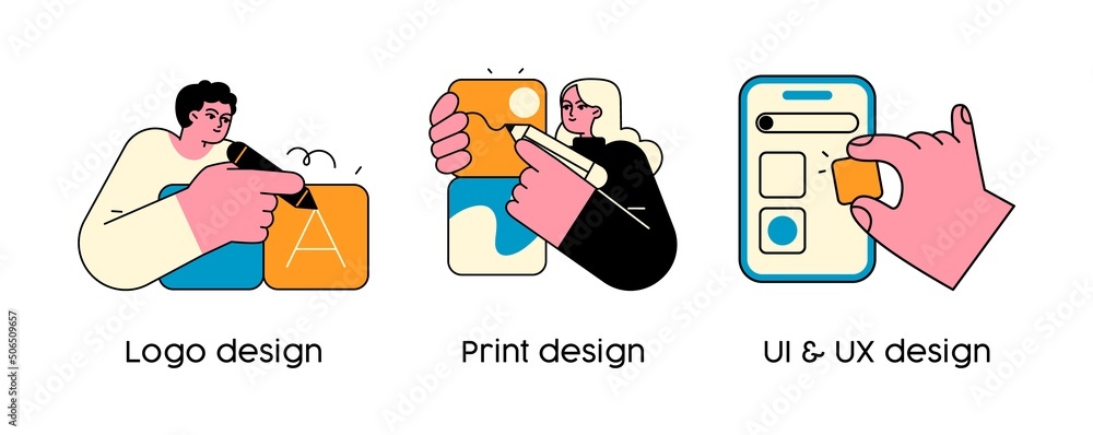 Poster design services - set of business concept illustrations. logo design, print and ui ux design. visual
