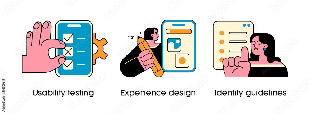 Aufkleber user interface development - abstract business concept illustrations. usability testing, experience 